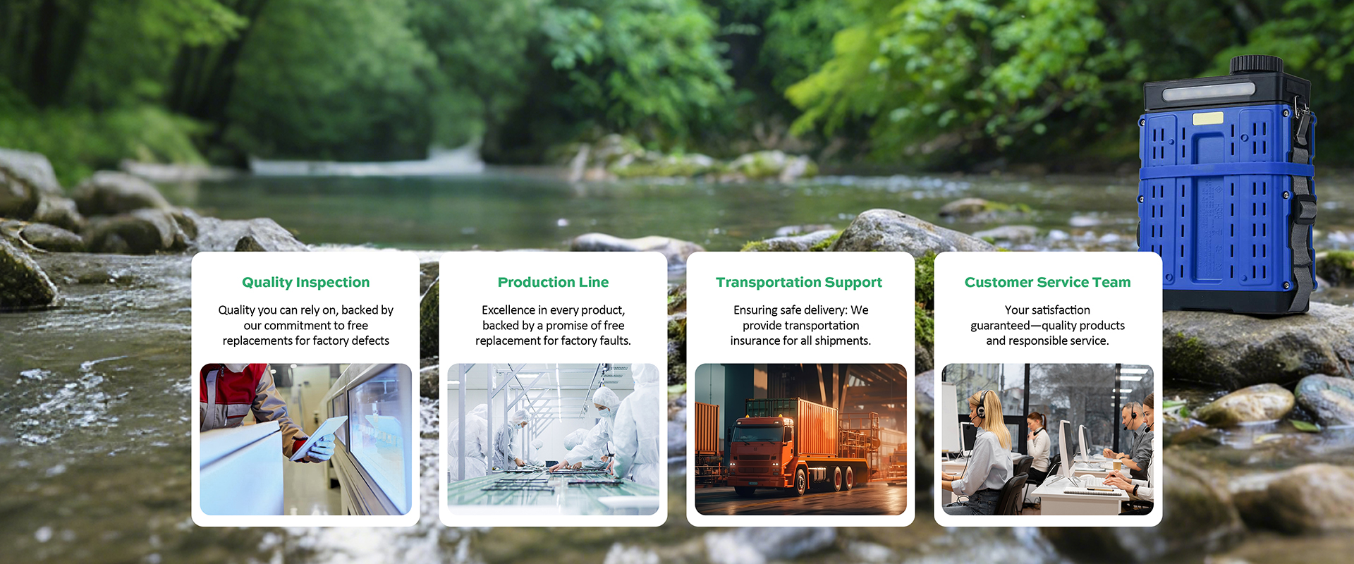 Banner emphasizing commitment to excellence with free replacements for quality issues, featuring quality inspection, production line excellence, transportation support with insurance, and dedicated customer service team.