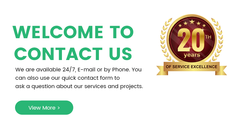 Image inviting contact with a message: \'Welcome to Contact Us.\' Available 24/7 via email or phone, with a quick contact form for inquiries about services and projects.