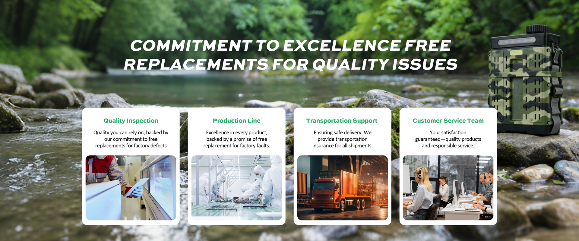 Banner emphasizing commitment to excellence with free replacements for quality issues, featuring quality inspection, production line excellence, transportation support with insurance, and dedicated customer service team.